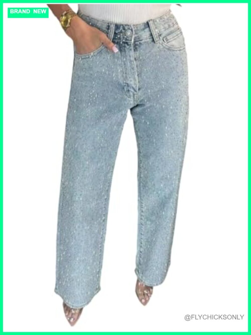 Straight Leg Rhinestone Embellished Boyfriend Denim Jeans Women's Bling Pants